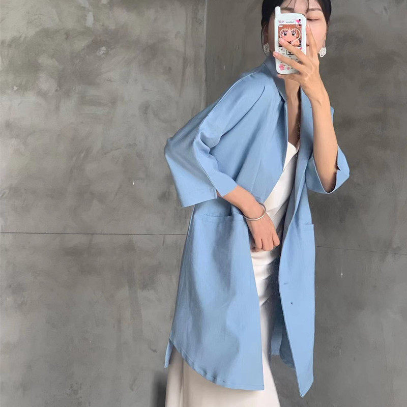 原创休闲款西服领纯棉七分袖宽松百搭透气风衣简约时尚中长款上衣