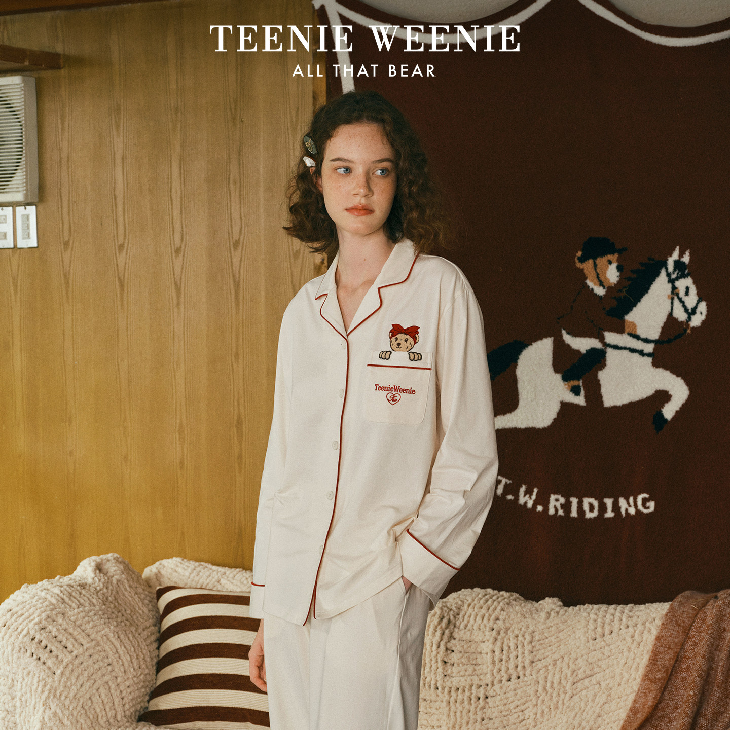 TeenieWeenie纯棉睡衣女2026新款春秋季毛巾绣宽松长袖家居服套装