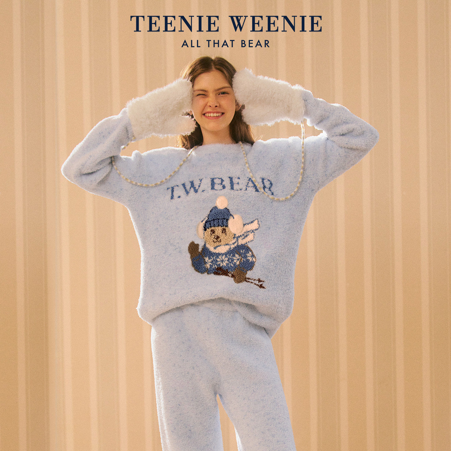 TeenieWeenie小熊女士半边绒睡衣2026新款秋冬加厚保暖家居服套装