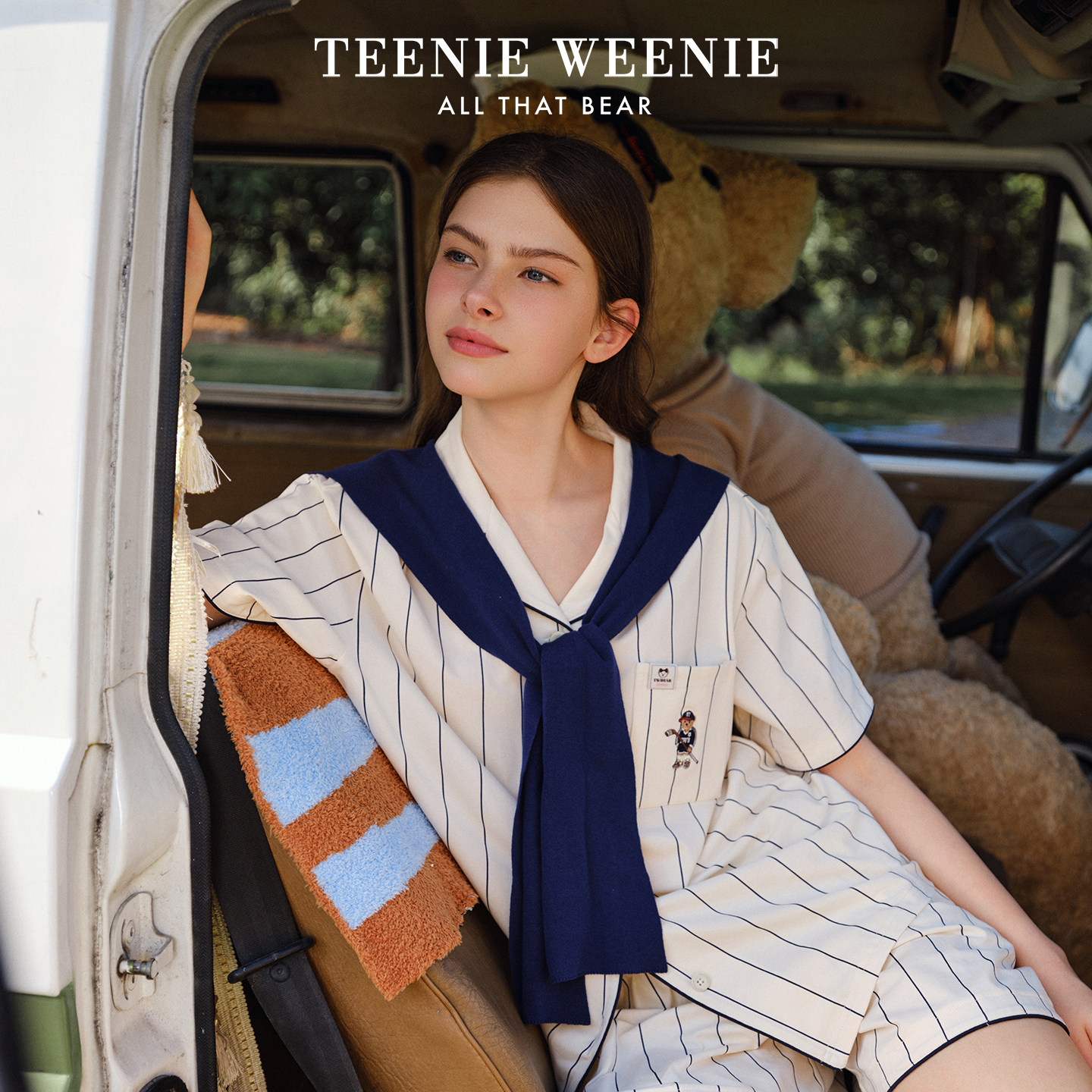 TeenieWeenie小熊睡衣女2026新款纯棉条纹夏季短袖短