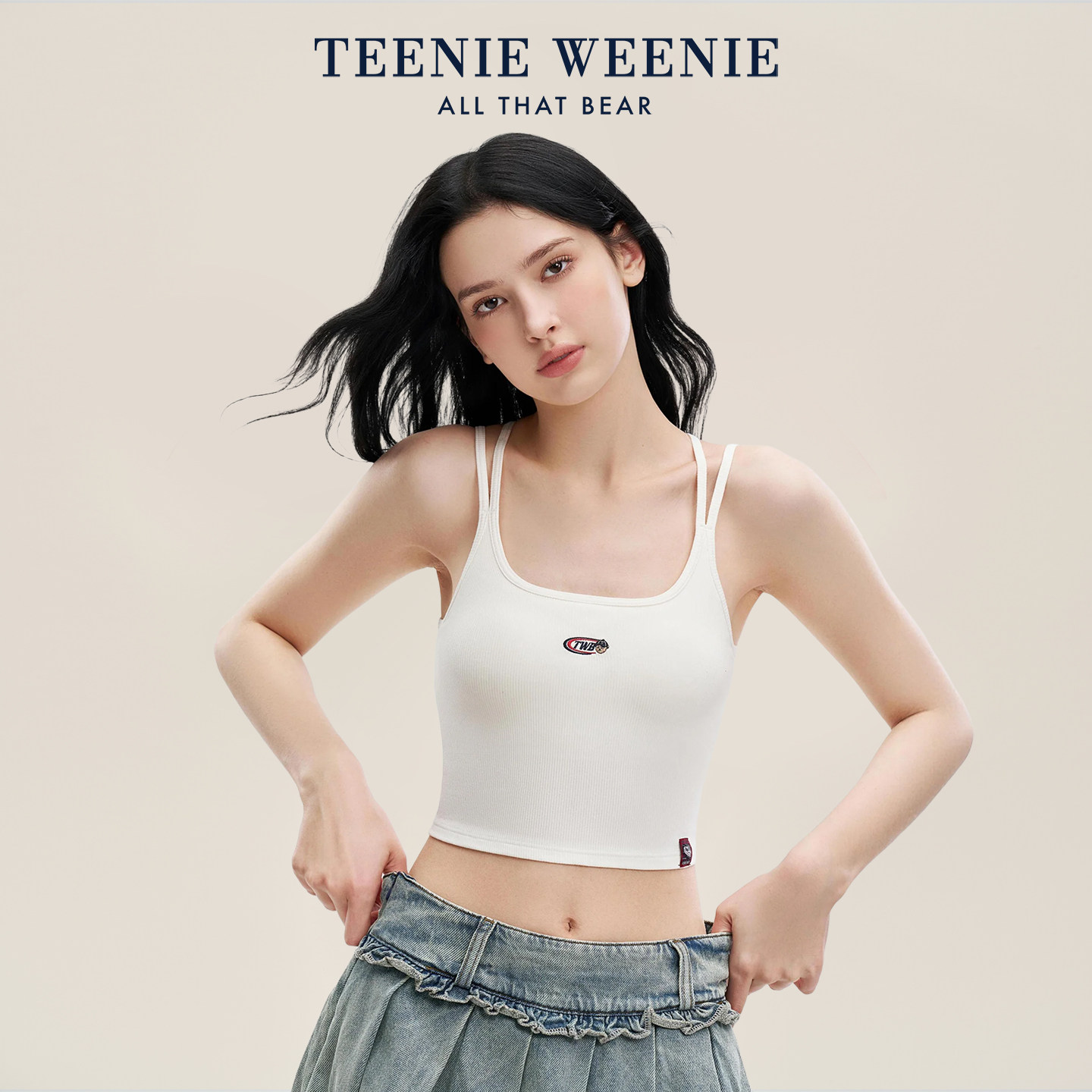 TeenieWeenie小熊白色吊带美背带胸垫免穿文胸女士可外穿抹胸背心