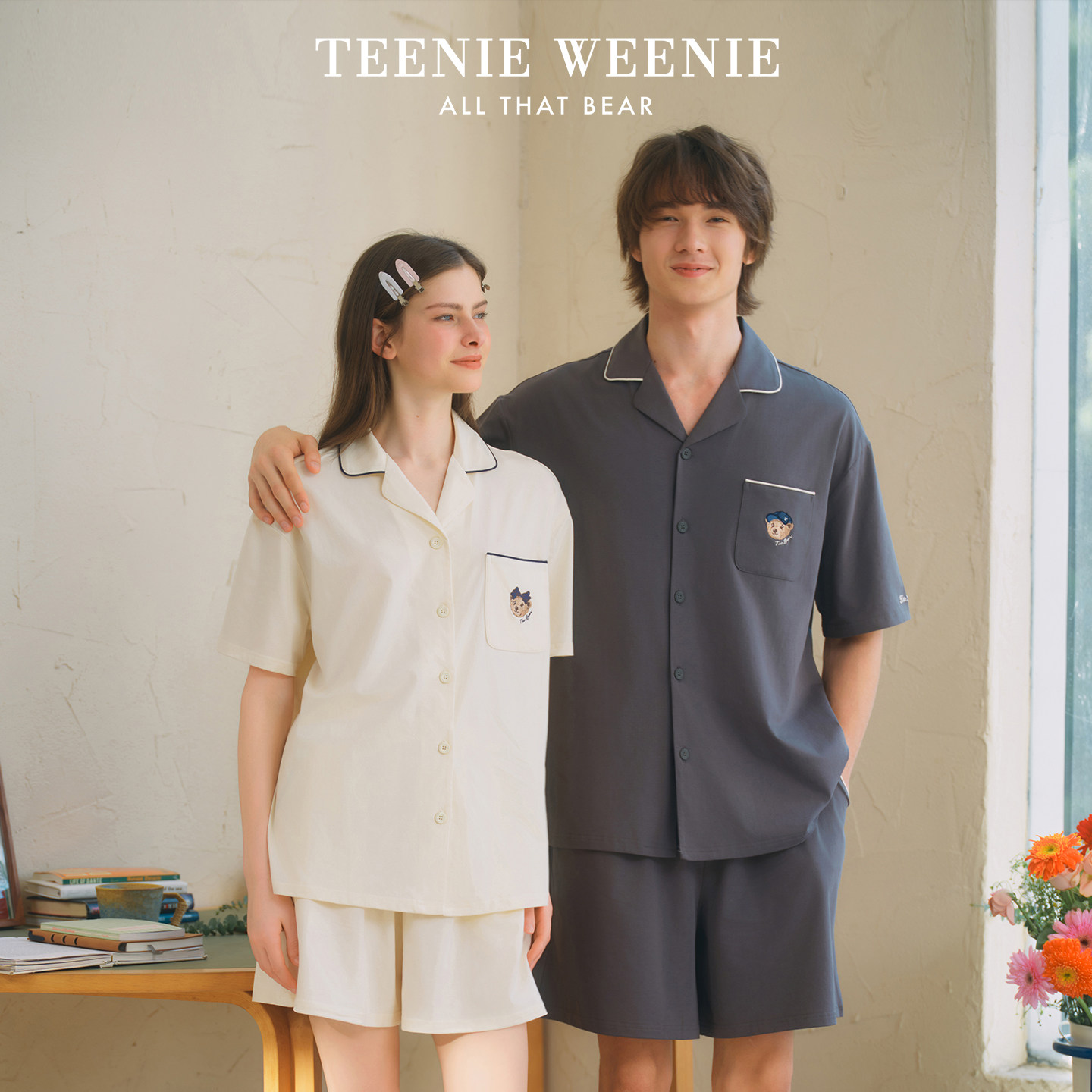 TeenieWeenie小熊情侣睡衣女款2026新款夏季纯棉短袖