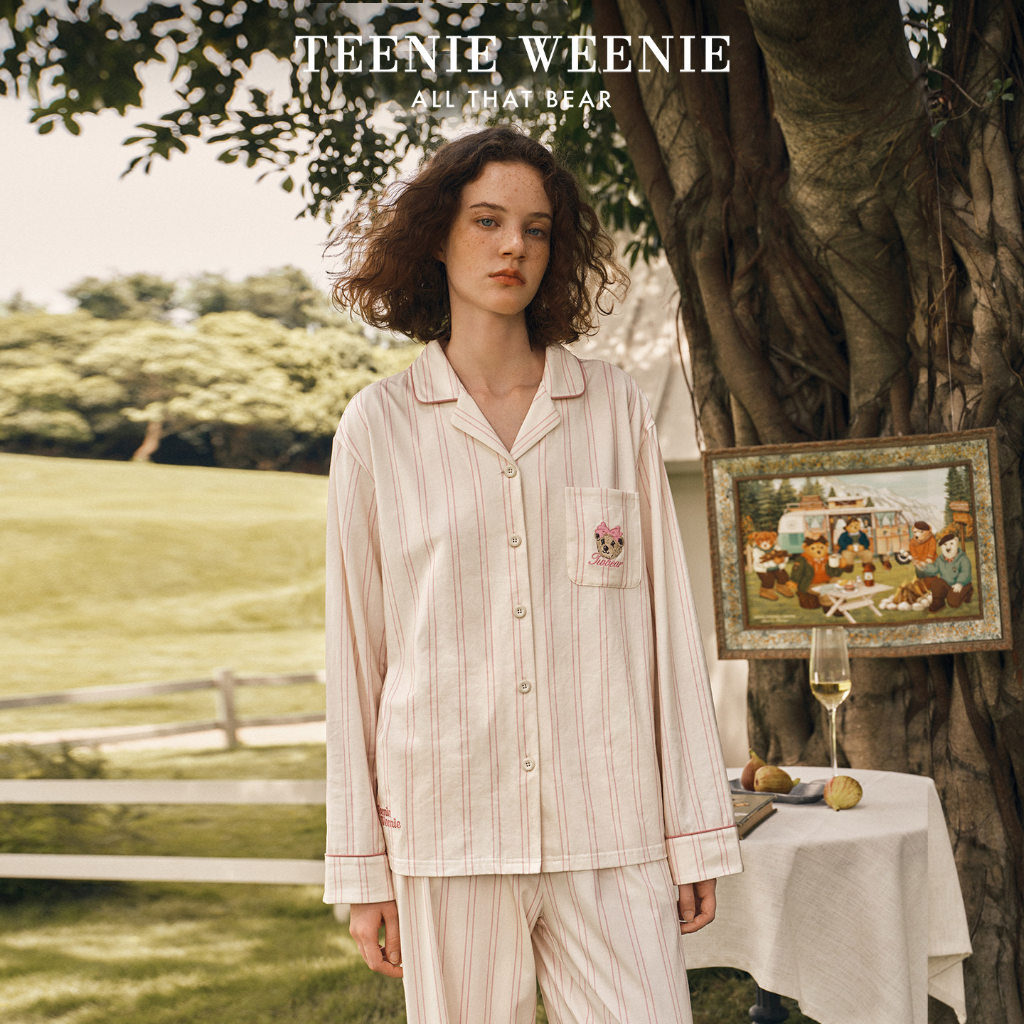 TeenieWeenie睡衣女款莫代尔棉春秋季复古条纹长袖长裤家居服套装