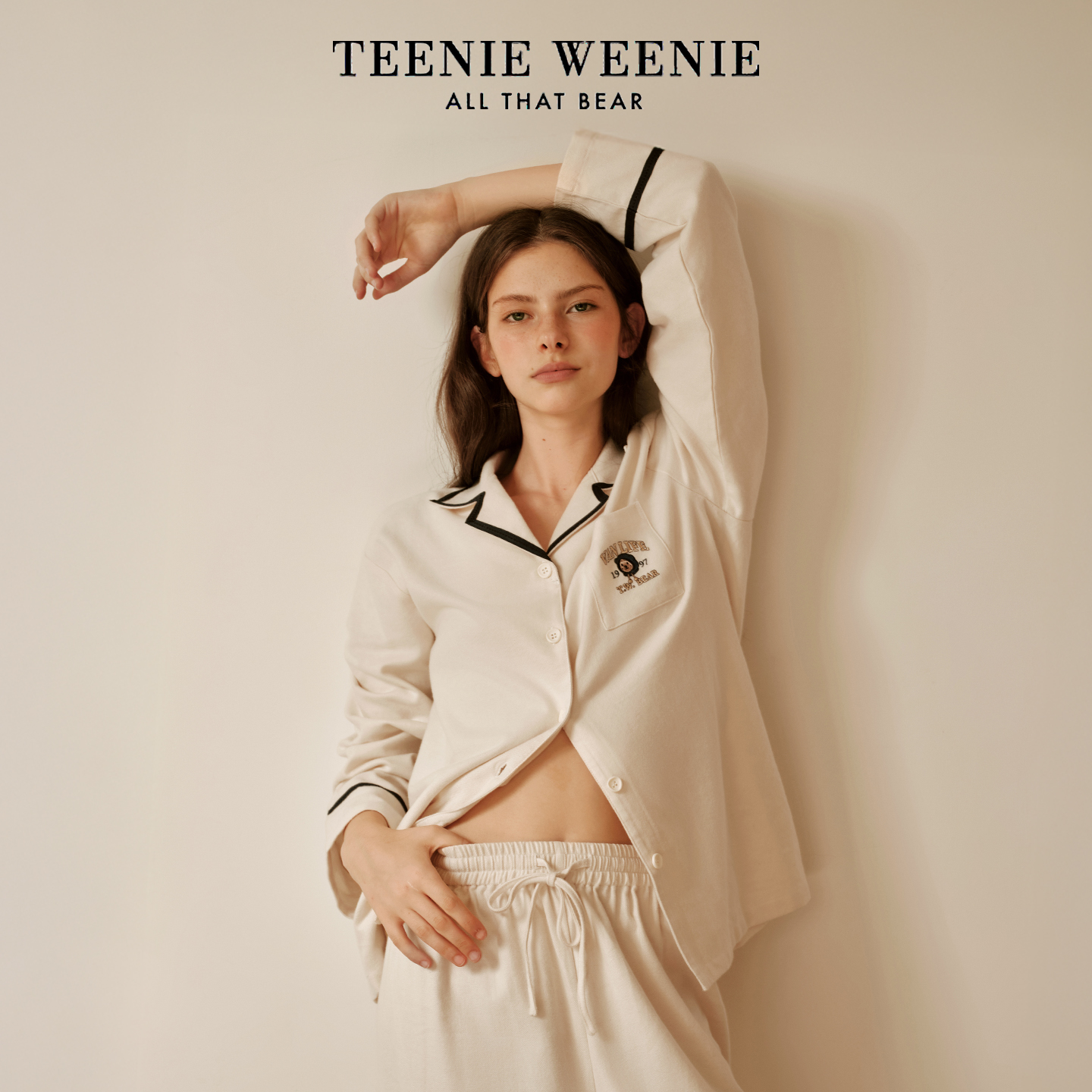 TeenieWeenie小熊纯棉翻领睡衣女秋季新款2025休闲情侣家居服套装