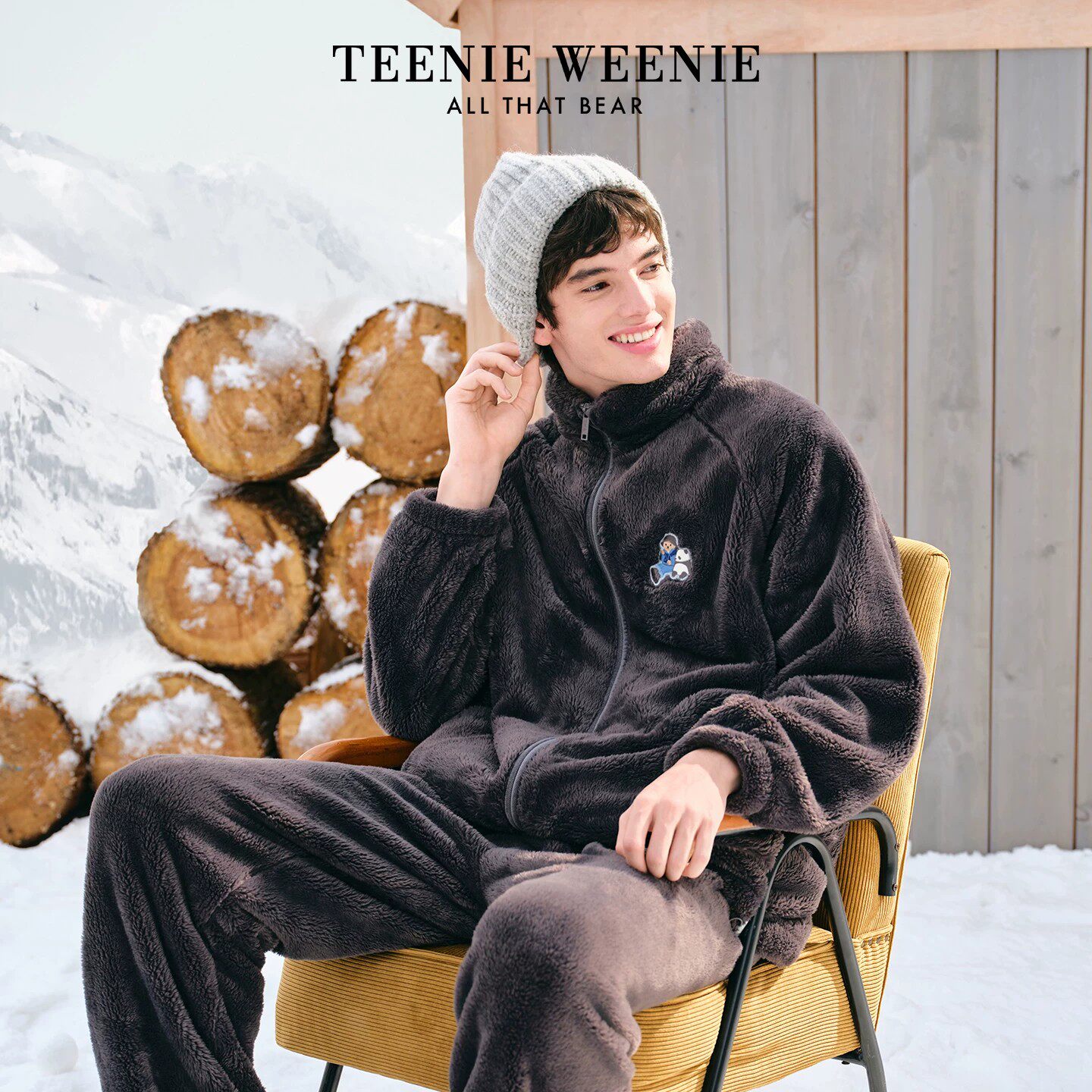 TeenieWeenie小熊刺绣冬季睡衣男款加绒加厚高级感长袖家居服套装