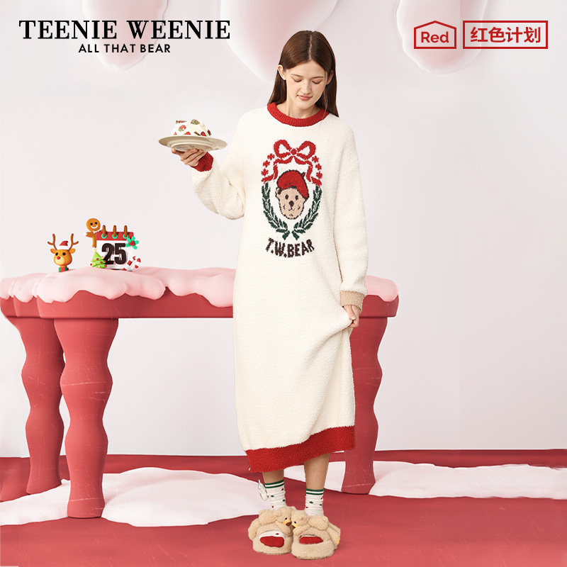 TeenieWeenie小熊睡裙半边绒秋冬长袖圣诞可爱睡衣裙保暖家居服