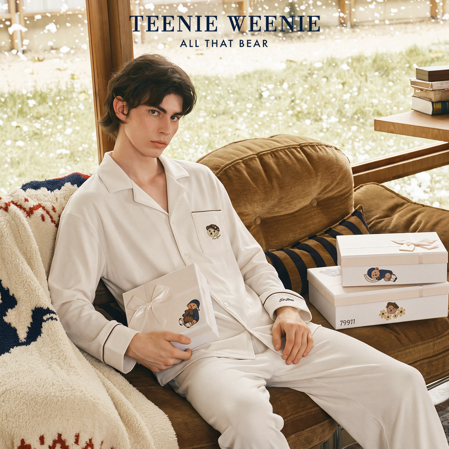 TeenieWeenie小熊法兰绒睡衣男士新款休闲居家宽松翻领家居服冬季