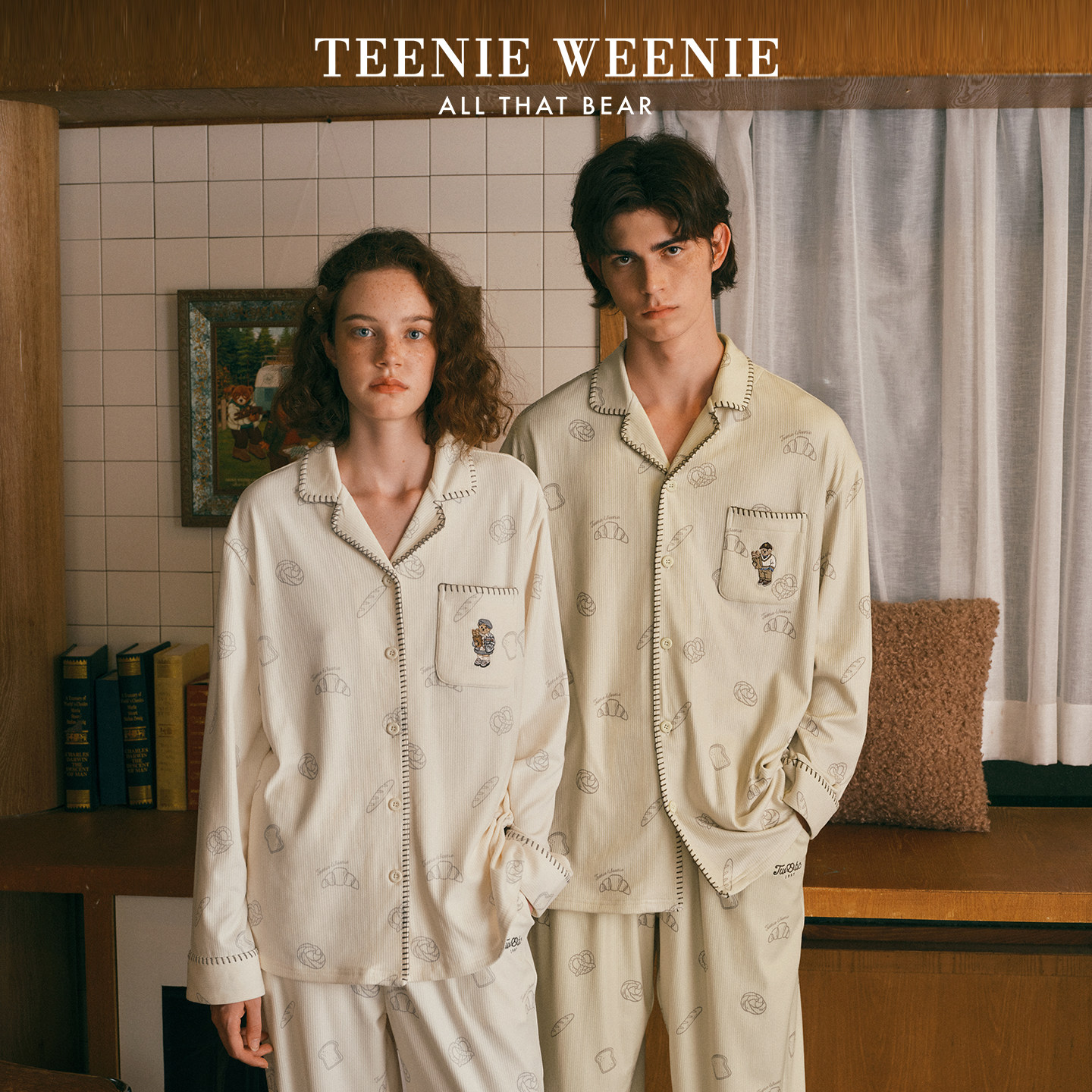 TeenieWeenie小熊法兰绒睡衣女款秋季薄款长袖长裤撞色情侣家居服