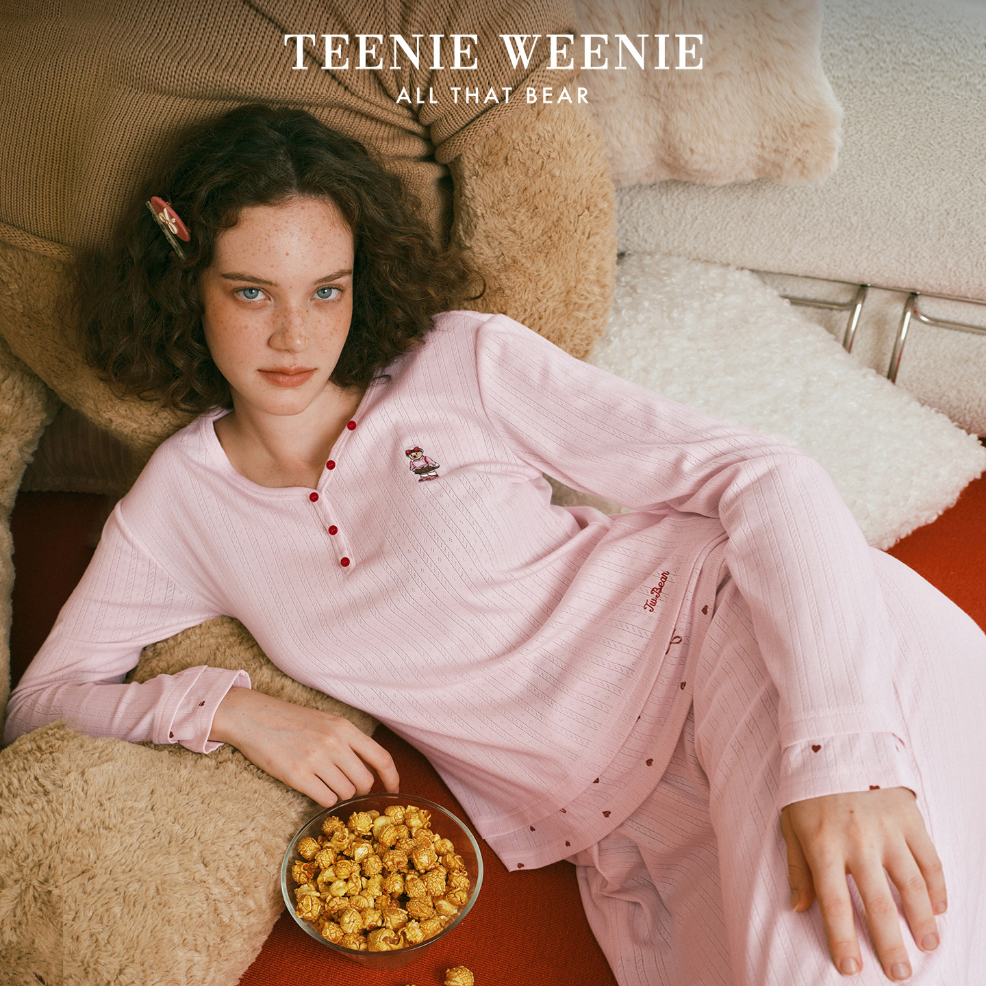 TeenieWeenie莱赛尔棉提花睡衣女秋季长袖长裤带胸垫甜美风家居服