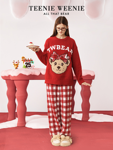 TeenieWeenie小熊女士睡衣喜庆红色保暖连帽半边绒家居服套装秋冬