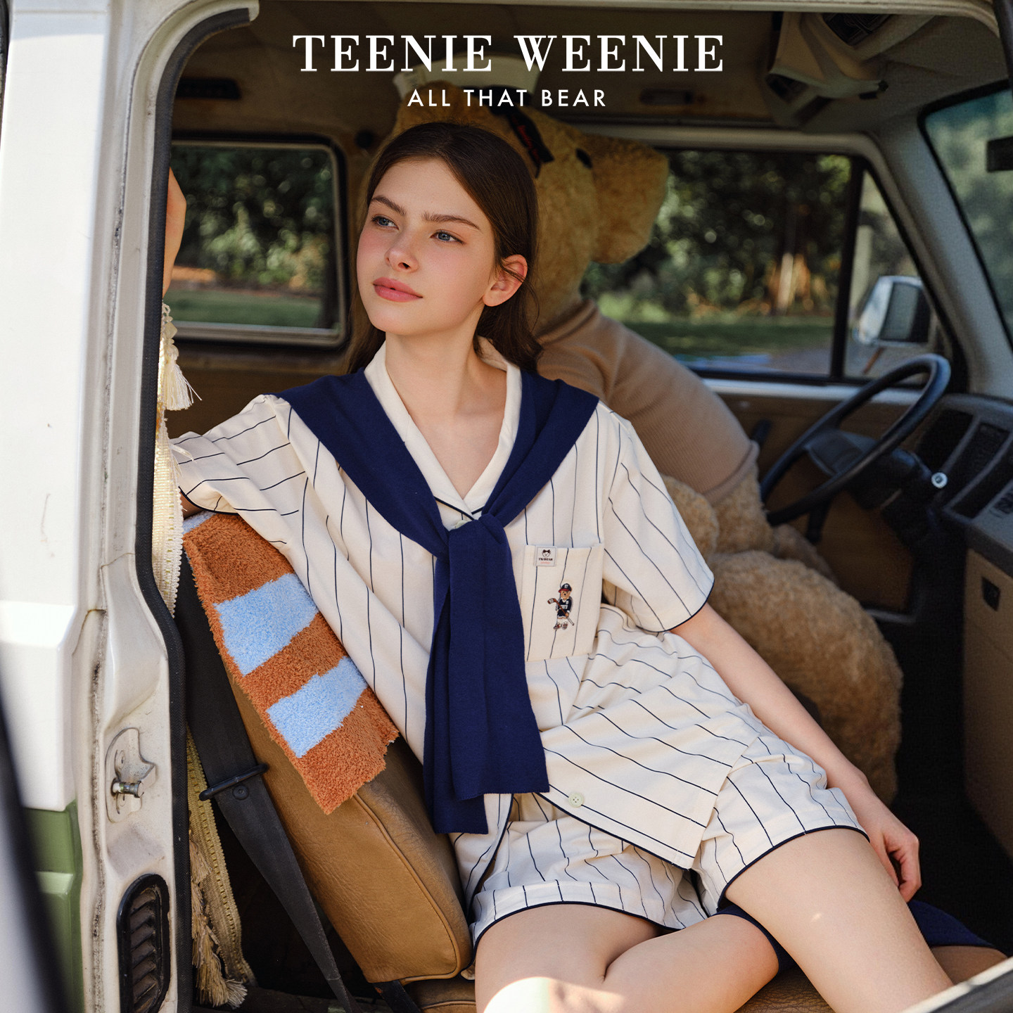 TeenieWeenie小熊睡衣女2026新款纯棉条纹夏季短袖短