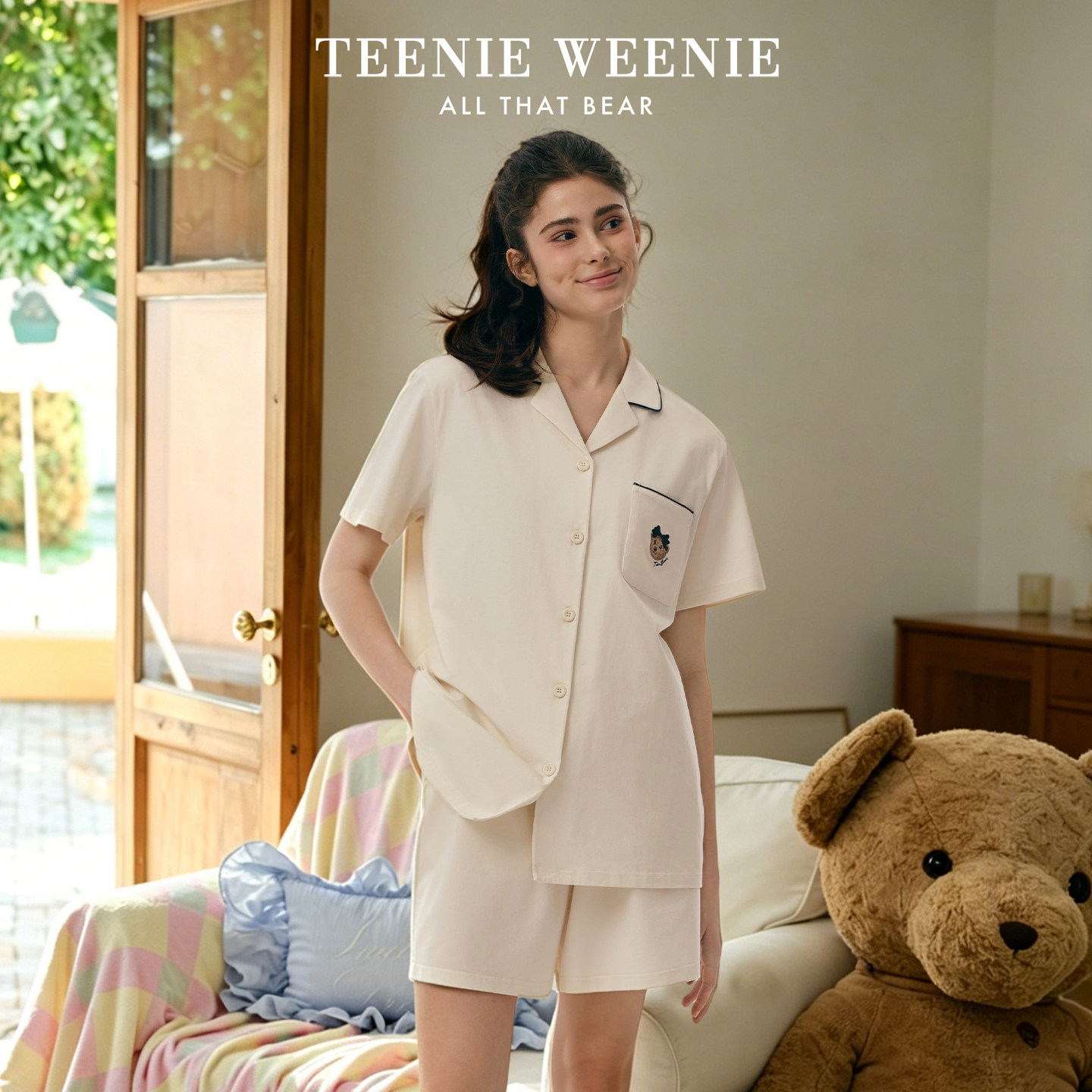TeenieWeenie小熊带胸垫睡衣女夏季2026新款长袖纯棉女士家居服