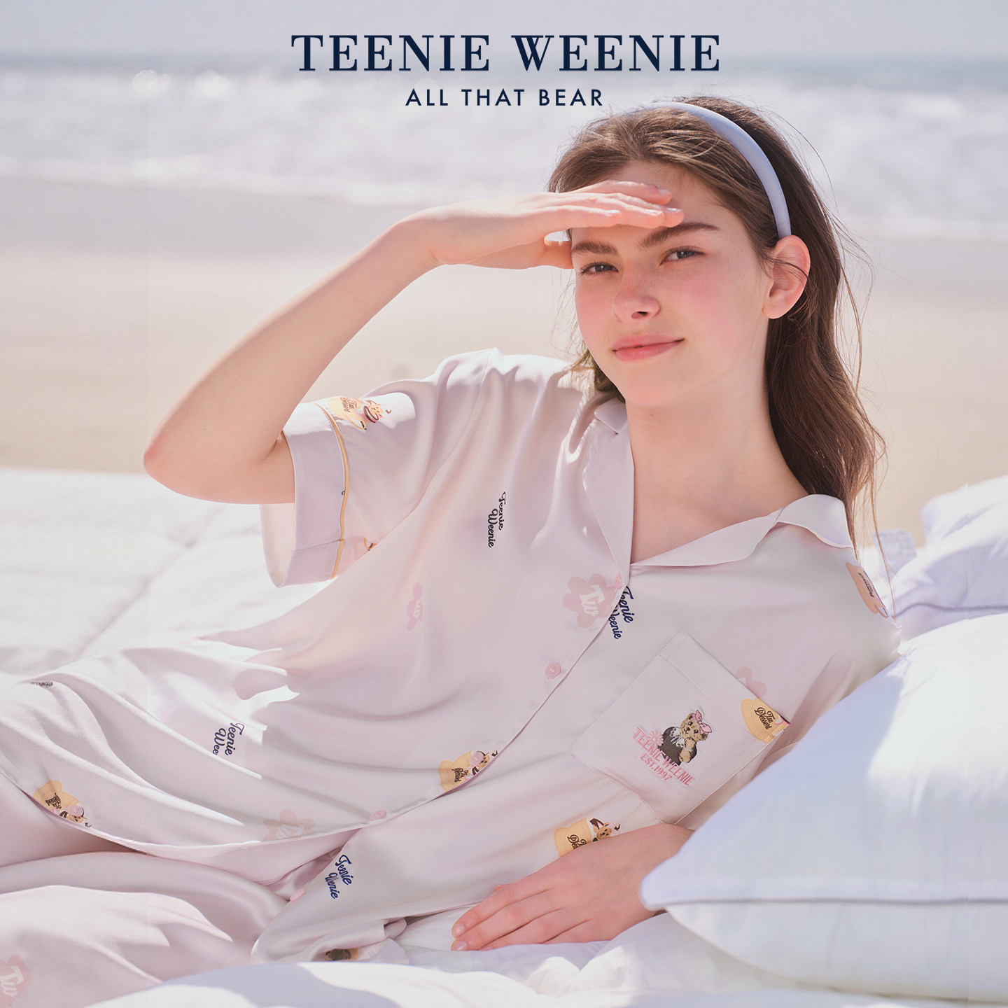 TeenieWeenie小熊冰丝睡衣女春夏新款满凉感短袖短裤家居