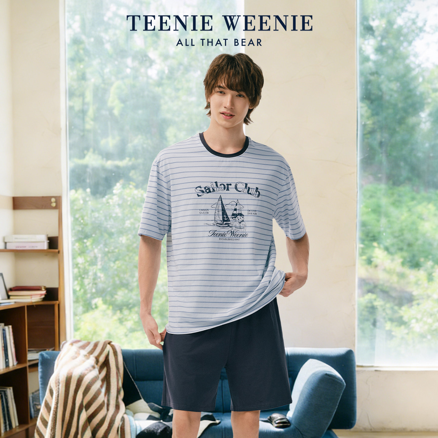 TeenieWeenie小熊纯棉情侣睡衣女款夏季短袖复古休闲条纹