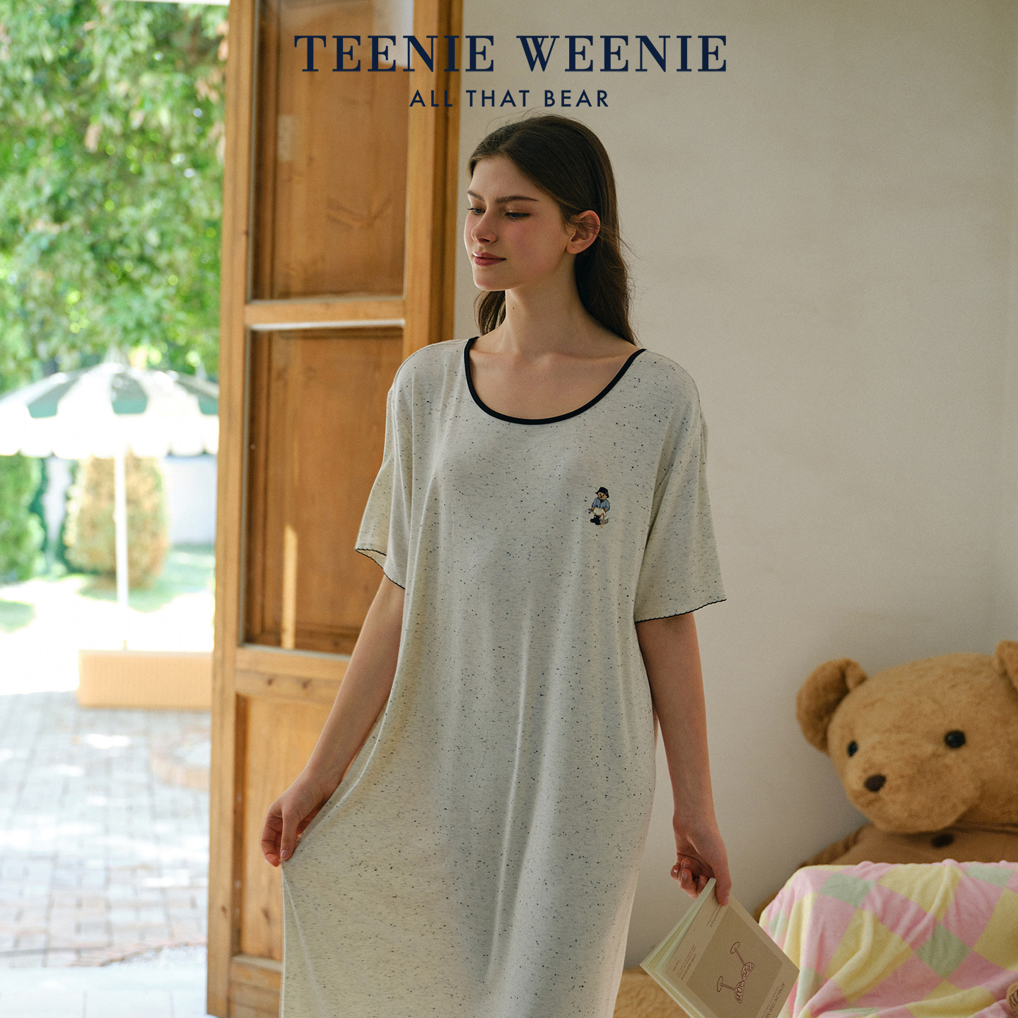 TeenieWeenie小熊睡裙女2026新款夏季一字领长款垂感