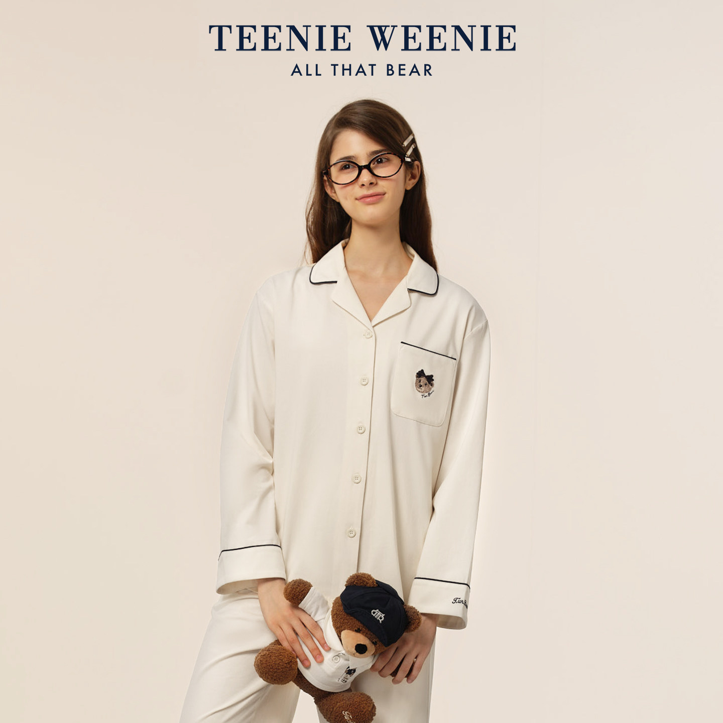TeenieWeenie小熊纯棉睡衣女夏季2026新款带胸垫长袖