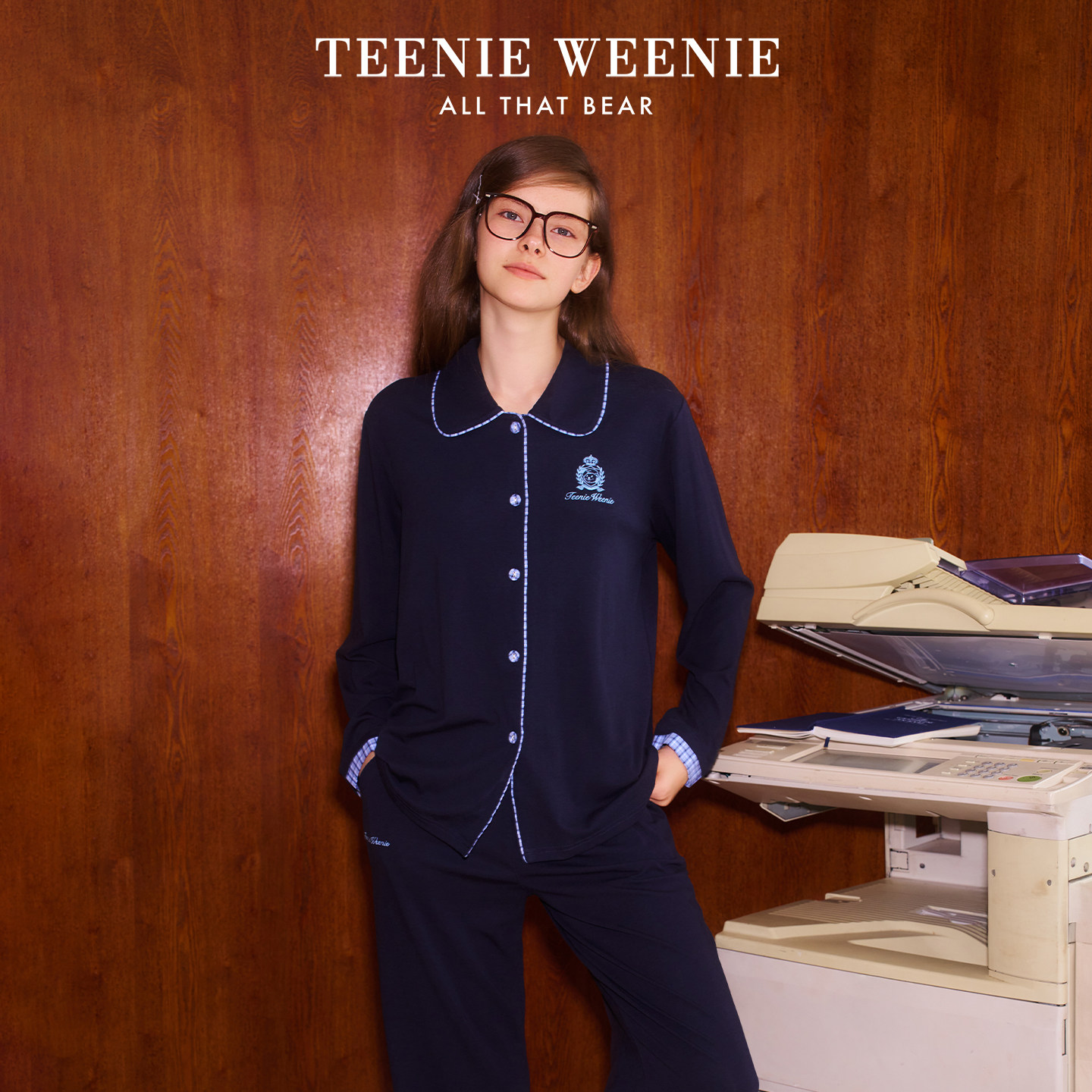 TeenieWeenie小熊莫代尔棉睡衣女2026新款秋季海军风家居服套装女