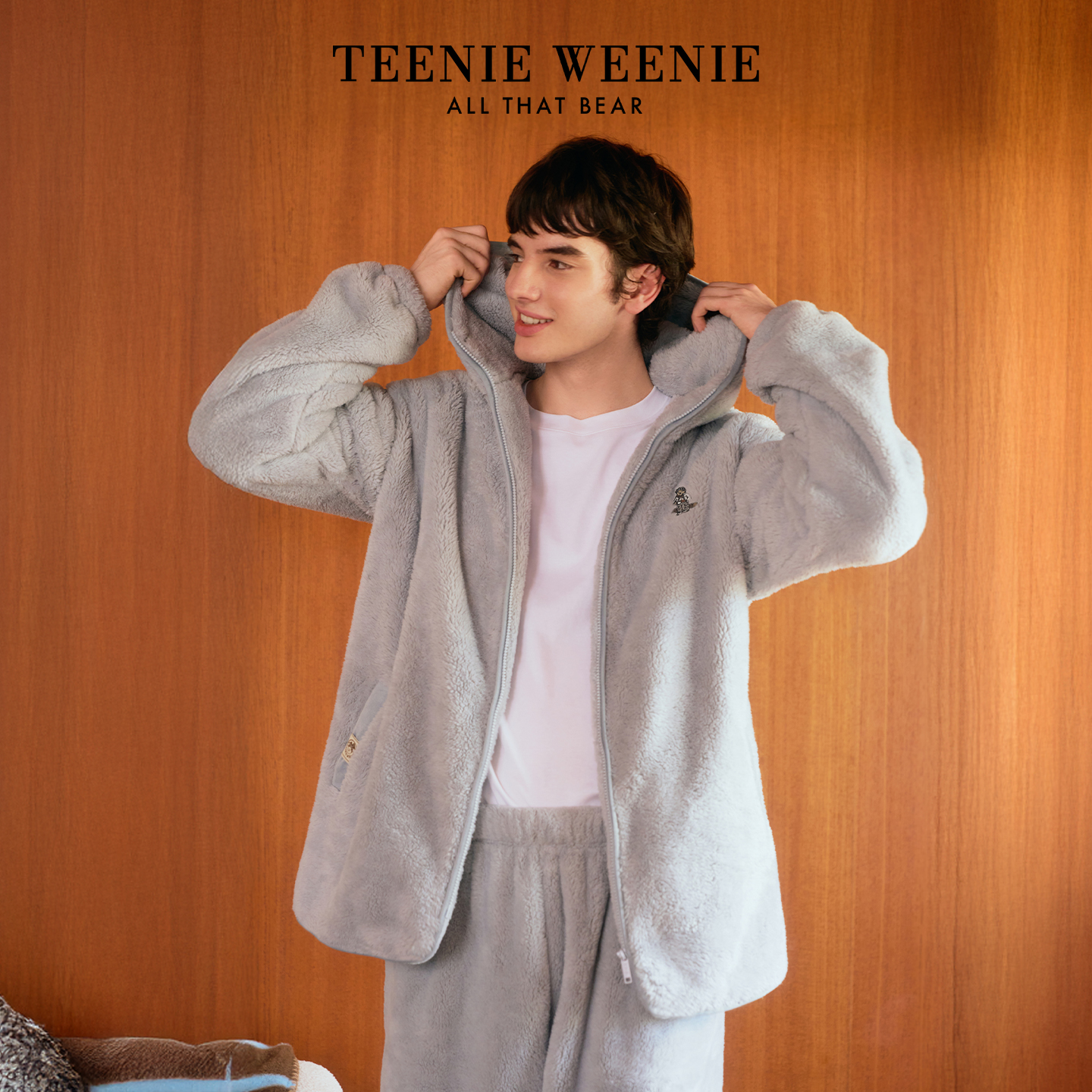 TeenieWeenie小熊绒绒睡衣女款秋冬季加厚连帽保暖情侣家居服套装