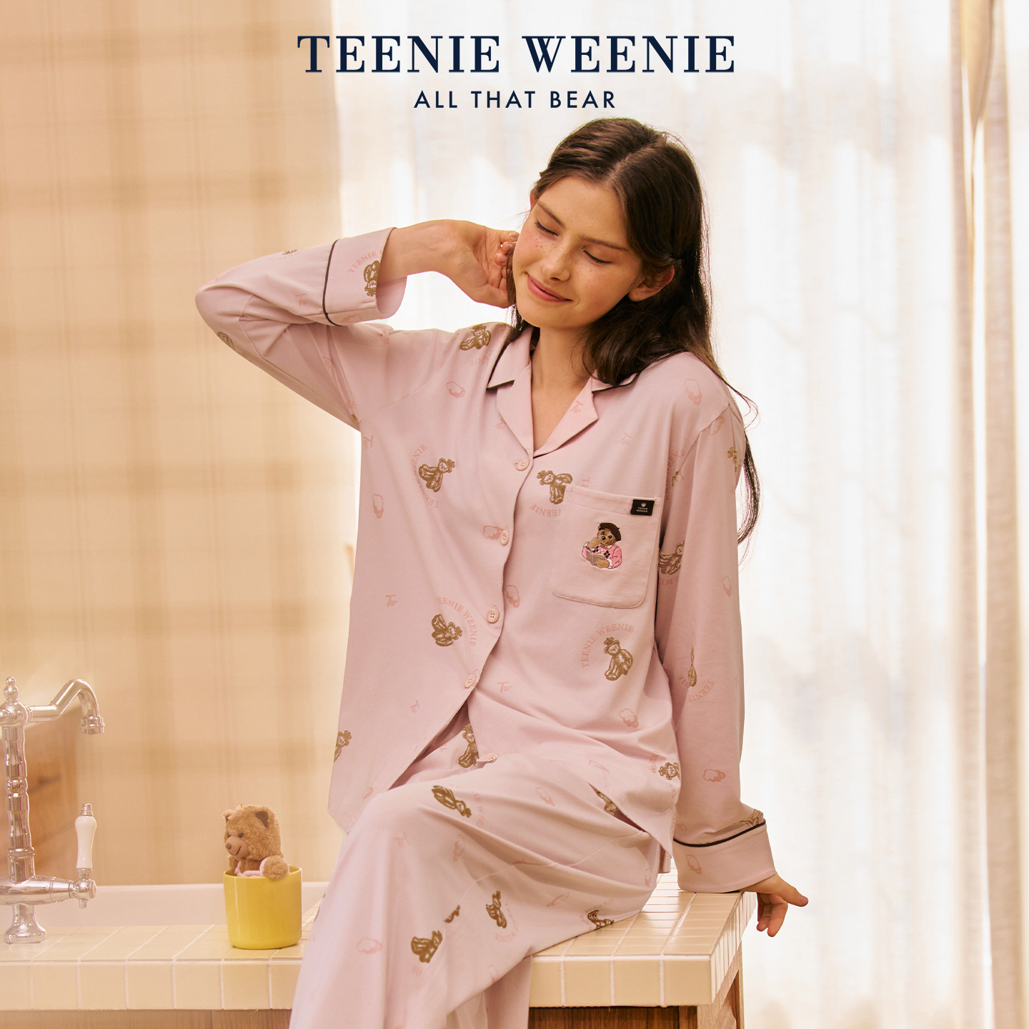 TeenieWeenie小熊刺绣睡衣女2026新款春季宽松纯棉印