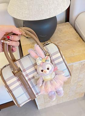 蓝色格纹保龄球包小众原创设计波士顿包甜酷复古风单肩斜挎手提包