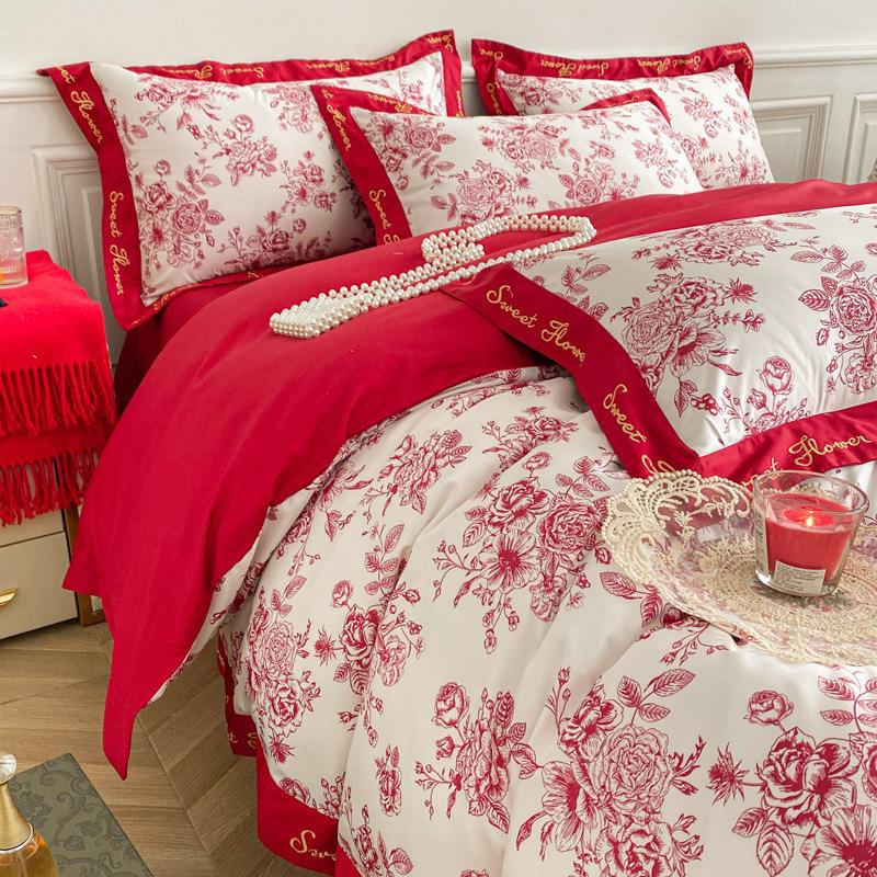 喜庆结婚四件套南通婚庆床上用品大红数码印花床单被套4件套