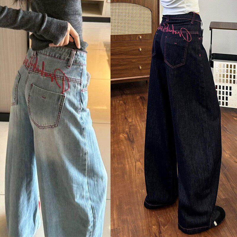 美式刺绣复古浅色阔腿牛仔裤女高