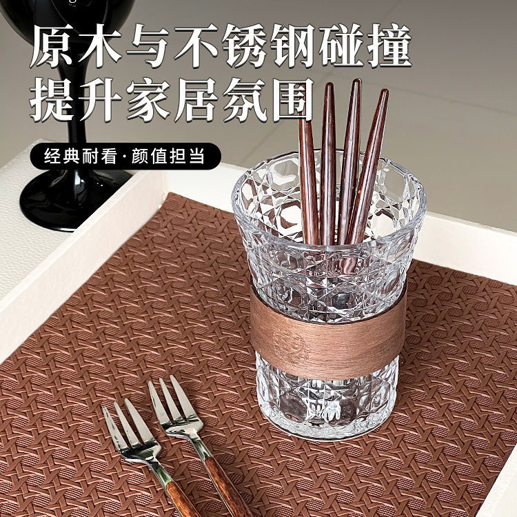 水果叉套装轻奢高级不锈钢收纳罐玻璃原木甜品蛋糕叉水果签收纳罐