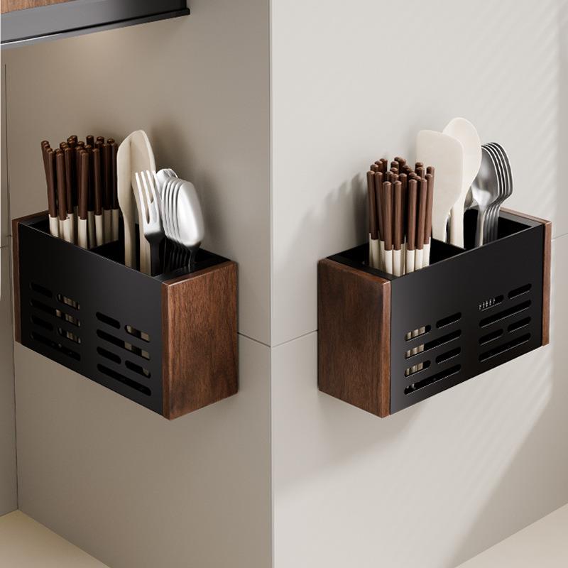 胡桃木厨房筷筒免打孔壁挂式筷子收纳盒家用筷笼勺子筷篓置物架