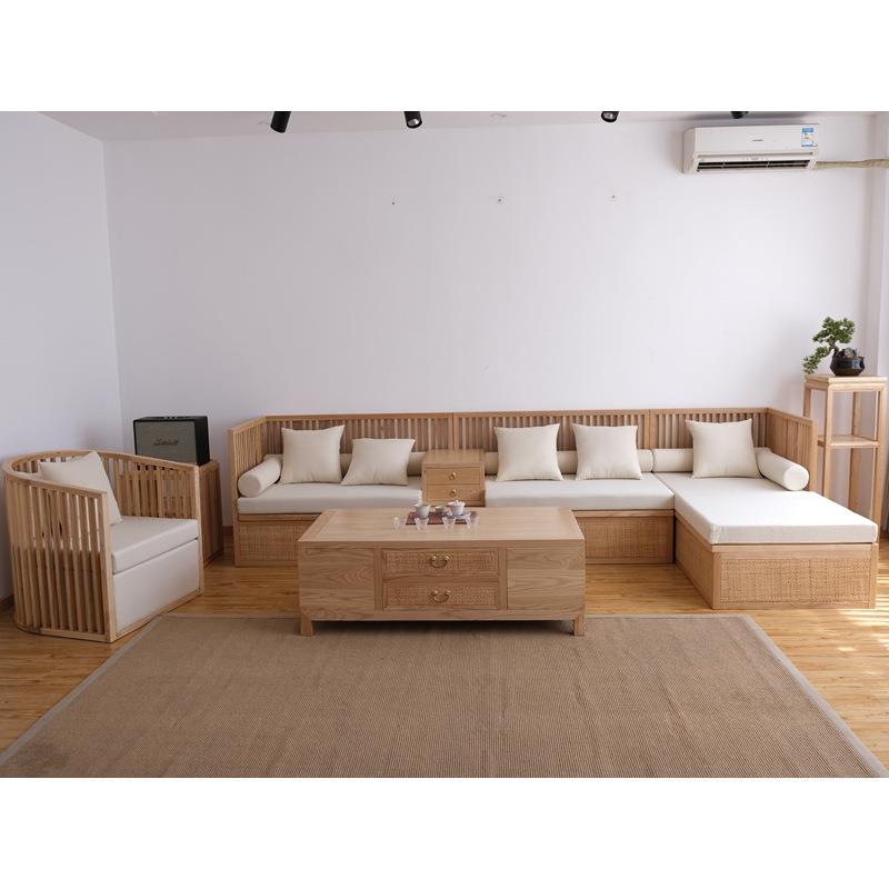 新中式实木客厅三人沙发茶几套装组合家具原木禅意箱式储物贵妃椅