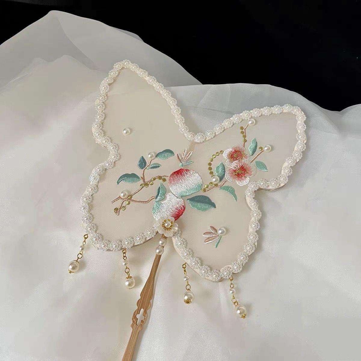 古风团扇中国风汉服舞蹈走秀拍摄长柄刺绣牡丹古典双面蝴蝶宫梦域