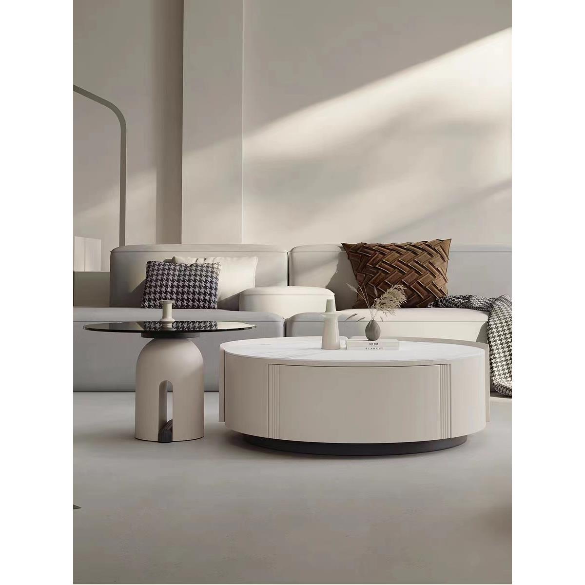 意式极简岩板茶几客厅家用现代简约奶油风设计师大小圆形茶几组合