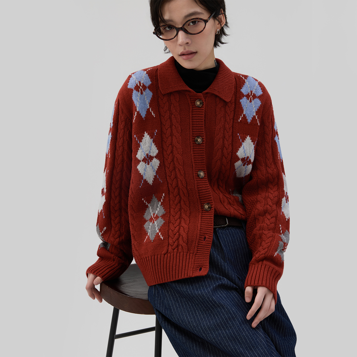 散养文化「浮格律动」菱格针织衫