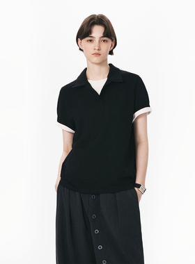 sameuoo散养文化「夜弈」假两件黑色短袖Polo衫女夏季中性风t恤男