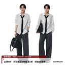 sameuoo散养文化「银映」腰部抽褶摩登中性内搭白色条纹长袖 衬衫