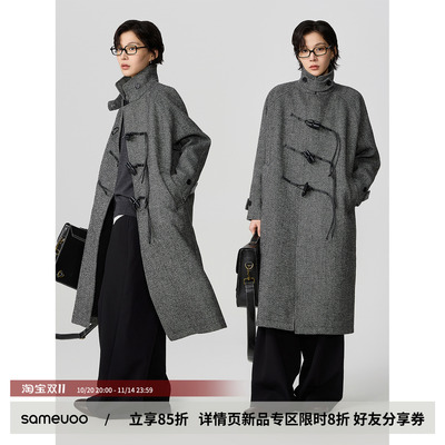 sameuoo散养文化「墨弓」羊毛混纺毛呢大衣牛角扣外套秋冬 中性风