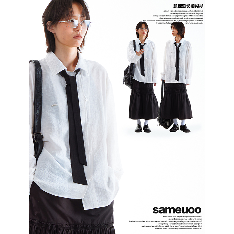 sameuoo散养文化法式肌理感长袖衬衫女夏领带休闲中性风薄款衬衣