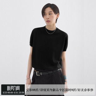 上衣 t恤女夏短款 sameuoo散养文化「久仰」黑色亲肤冰丝针织衫 短袖