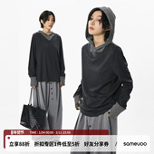 打底衫 sameuoo散养文化「糯纹」条纹拼接连帽长袖 t恤春季 内搭上衣
