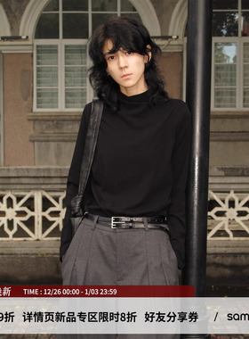 sameuoo散养文化交叉烟囱领长袖T恤内搭秋冬正肩黑色打底衫上衣女