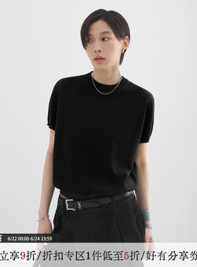 sameuoo散养文化「久仰」黑色亲肤冰丝针织衫短袖t恤女夏通勤上衣