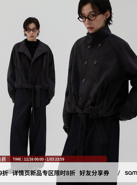 sameuoo散养文化「黑曜」短款下摆绑带双排扣毛呢外套冬 羊毛混纺