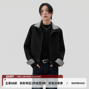 sameuoo散养文化「幕间」格纹拼接休闲短款外套 黑色翻领夹克上衣