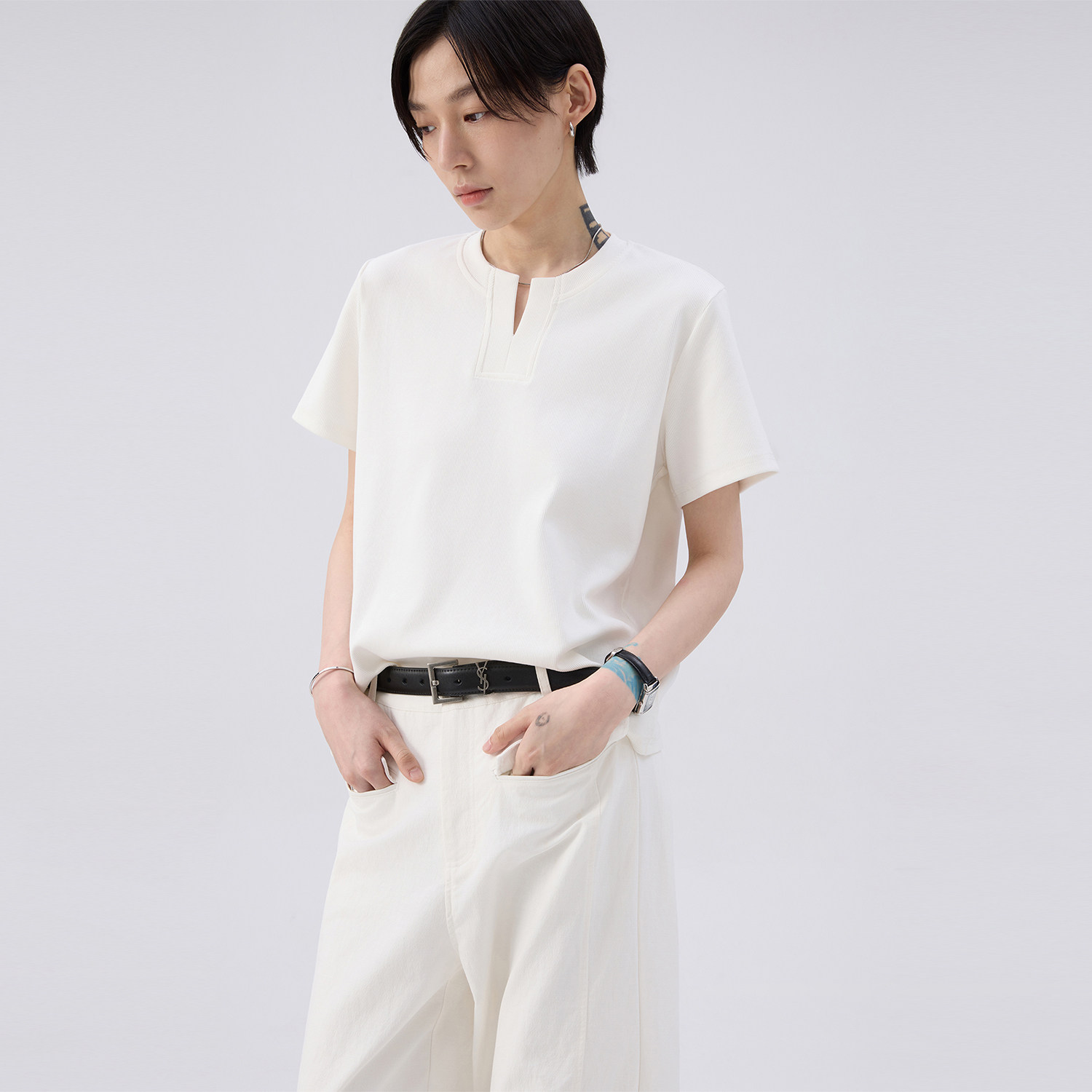 sameuoo散养文化「甜茶」正肩短袖t恤女夏季休闲中性风短款上衣图片