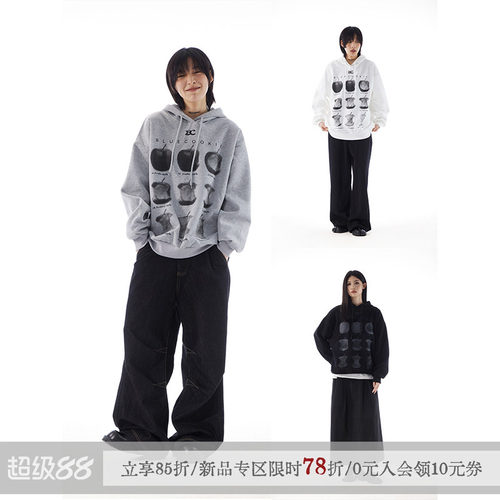 sameuoo散养文化苹果印花美式灰色连帽卫衣女春季中性风上衣男