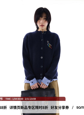 sameuoo散养文化慵懒风复古别针假两件针织衫外套女秋冬毛衣开衫