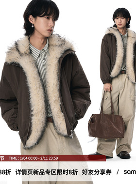 sameuoo散养文化「寒垣」做旧毛领棉服外套松紧袖口双拉链座山雕