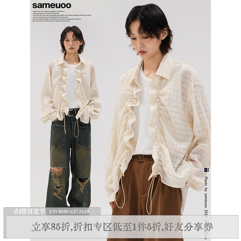 sameuoo散养文化抽绳长袖衬衫女夏中性风休闲百搭叠穿衬衣外套