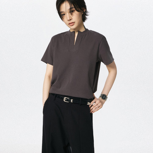 sameuoo散养文化「甜茶」小V领正肩短袖t恤女夏简约中性短款上衣