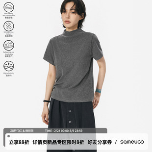 sameuoo散养文化「烟灰」正肩修身小高领短袖t恤女男中性风上衣夏
