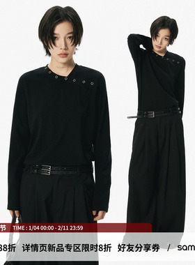 sameuoo散养文化「银月」交叉领黑色长袖t恤女秋冬打底衫内搭上衣